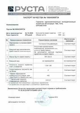 Предпросмотр: Паспорт качества № 100043909734