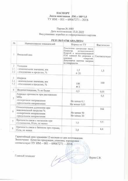 Предпросмотр: Паспорт качества № 3989