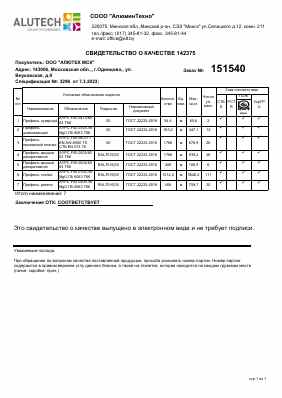 Предпросмотр: Сертификат качества № 142375