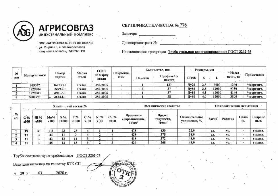 Предпросмотр: Паспорт качества № 778