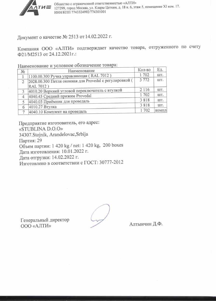 Предпросмотр: Паспорт качества № 2513