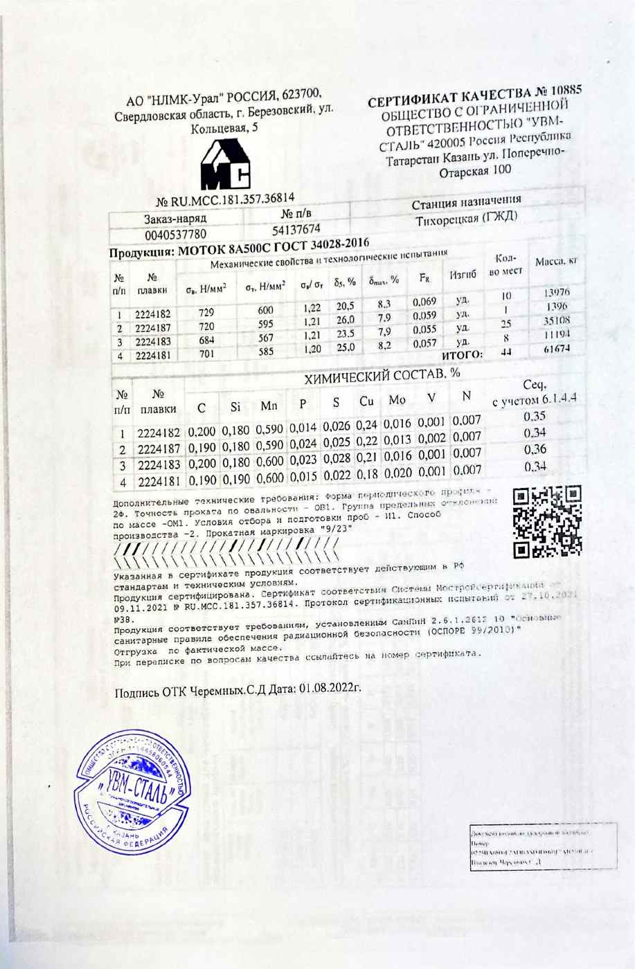 Предпросмотр: Сертификат качества № 10885