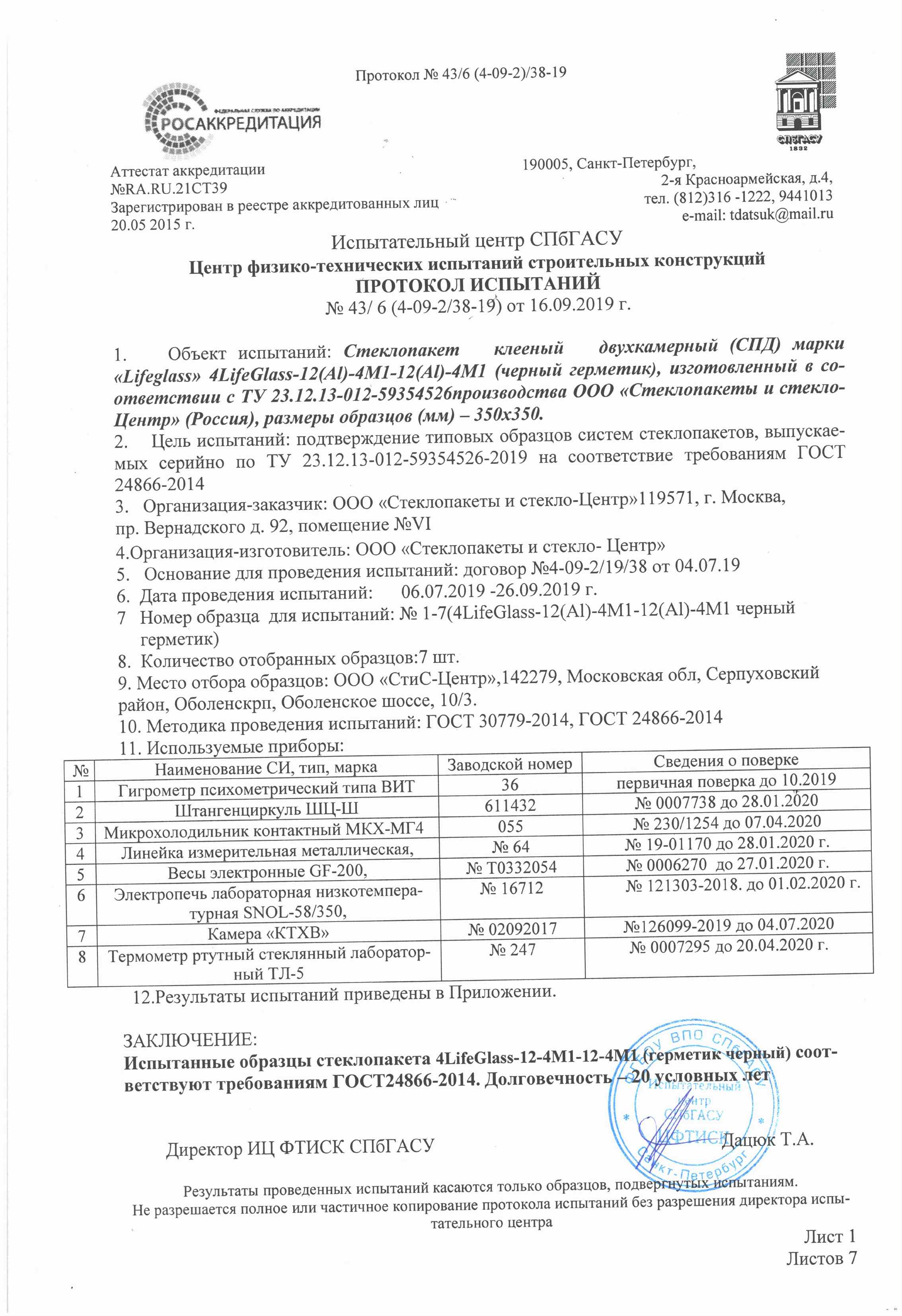 Предпросмотр: Протокол испытаний № 43/6 (4-09-2/38-19)