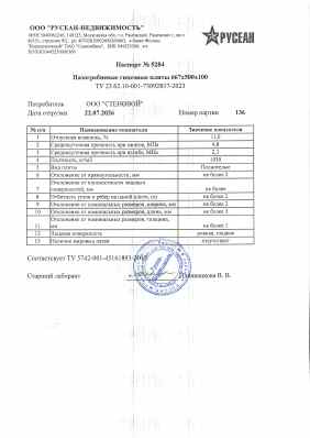 Предпросмотр: Паспорт качества № 5284